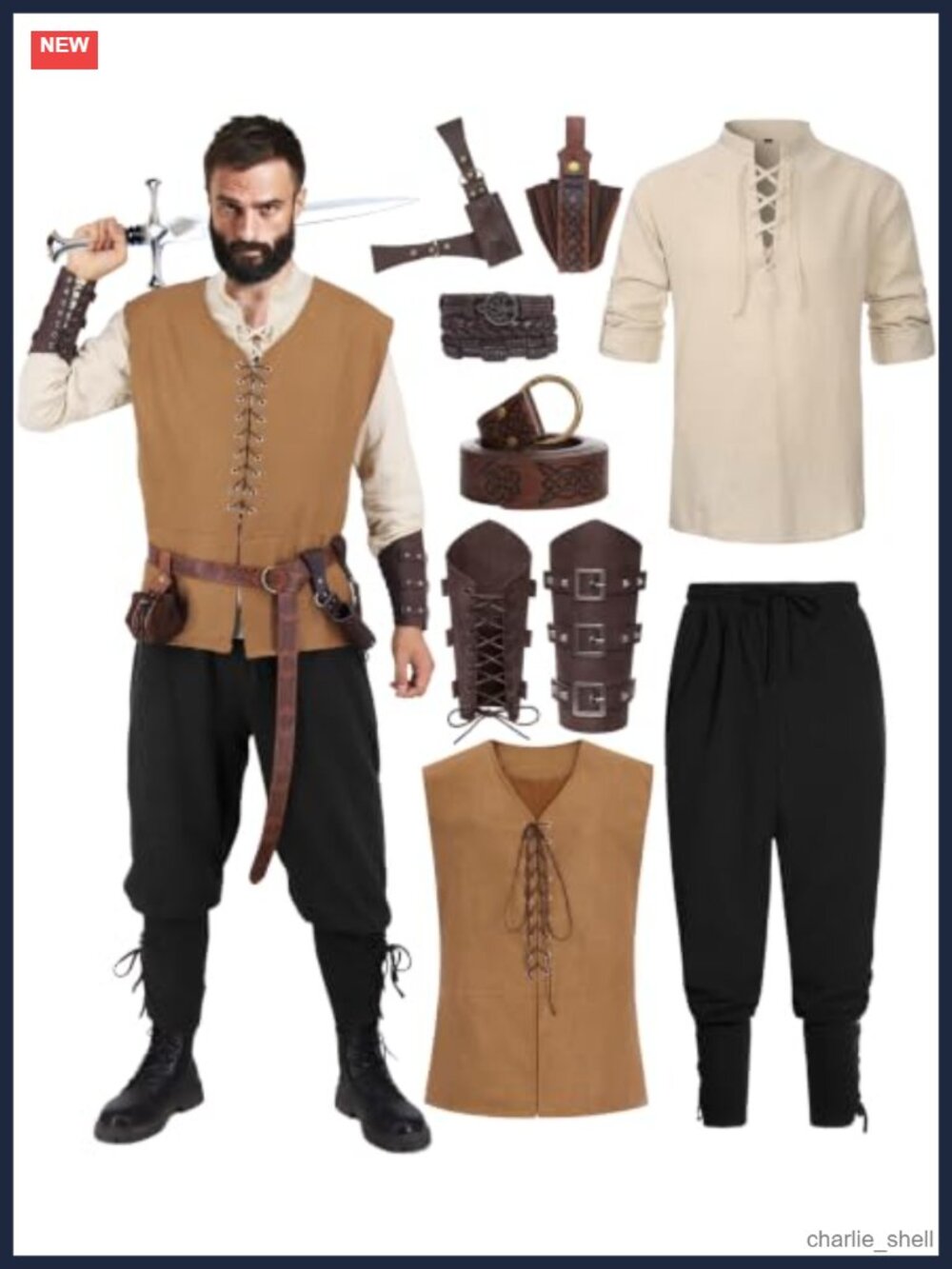 Men's Medieval Renaissance Viking Costume Set Cotton Linen Suede PU